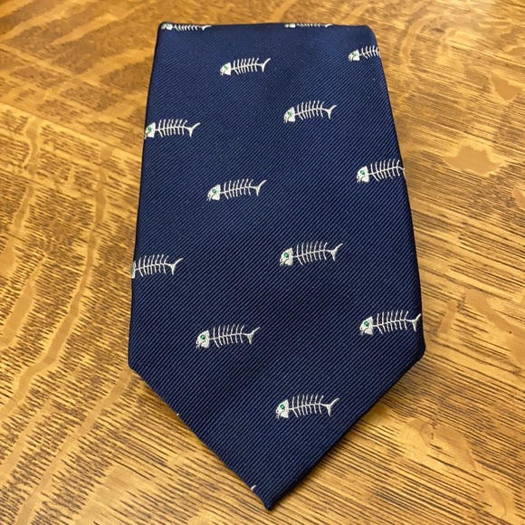 Lands’ End Navy Blue Silk Necktie Fish Bones Skeletons - Picture 1 of 4
